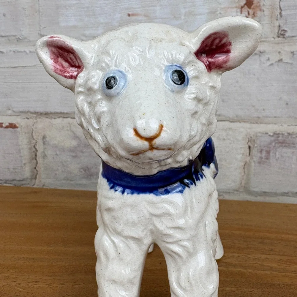 Vintage Occupied Japan Lamb Planter Blue‎ Bow Nursery Figurine Cottagecore Decor